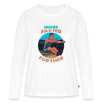 Saut en longueur : Plus haut, plus vite, plus loin - T-shirt manches longues Premium bio Femme - blanc - Devant - Julia (174cm)