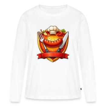 Saucisse grillée sur assiette rouge - T-shirt manches longues Premium bio Femme - blanc - Devant - Julia (174cm)