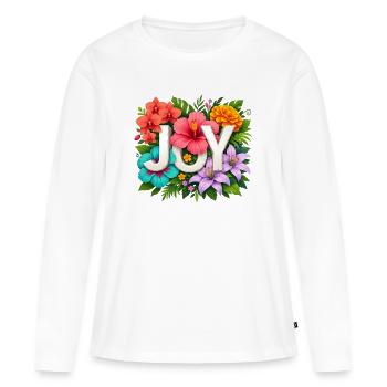 Tropische JOY – Florale Sommer-Hibiskustypografie - Frauen Premium Bio Langarmshirt - Weiß - Vorne - Julia (174cm)