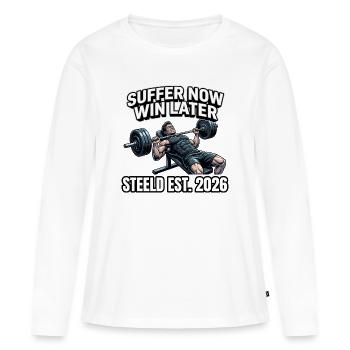 "SUFFER NOW WIN LATER"-Design Fitnessprint - Frauen Premium Bio Langarmshirt - Weiß - Vorne - Julia (174cm)
