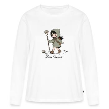 Pèlerin randonneuse sur le chemin de Compostelle - T-shirt manches longues Premium bio Femme - blanc - Devant - Julia (174cm)
