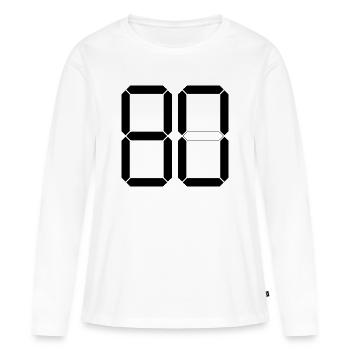 NUMÉRO 80 Quatre-vingts Cadeaux Numériques - T-shirt manches longues Premium bio Femme - blanc - Devant - Julia (174cm)