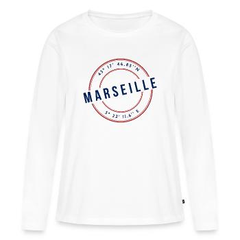 Marseille Coordonnées Géographiques Badge - T-shirt manches longues Premium bio Femme - blanc - Devant - Julia (174cm)