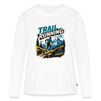 Course en sentier. Cours. Explorez. Conquérir - T-shirt manches longues Premium bio Femme - blanc - Devant - Julia (174cm)