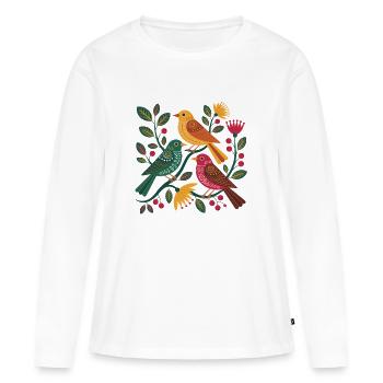  Bunte Vögel Im Blumen Ast Muster Folk Art - Frauen Premium Bio Langarmshirt - Weiß - Vorne - Julia (174cm)