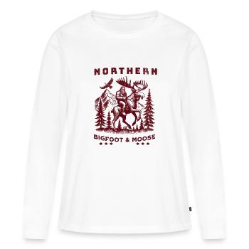 Bigfoot du Nord et orignal dans les pins - T-shirt manches longues Premium bio Femme - blanc - Devant - Julia (174cm)