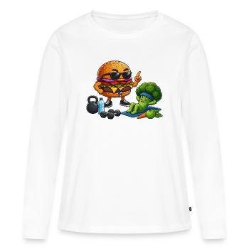 Burger-Gym Hero meets broccoli training - Women's Premium Organic Long Sleeve Shirt - white - Front - Julia (174cm)