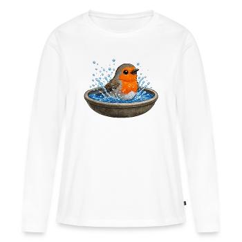Rouge-gorge dans le bol d’eau - T-shirt manches longues Premium bio Femme - blanc - Devant - Julia (174cm)