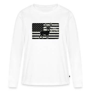 Cerf drapeau américain – Design patriotique de chasse - T-shirt manches longues Premium bio Femme - blanc - Devant - Julia (174cm)