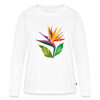 Paradiesvogelblume | Tropische Blüte Bunt  - Frauen Premium Bio Langarmshirt - Weiß - Vorne - Julia (174cm)