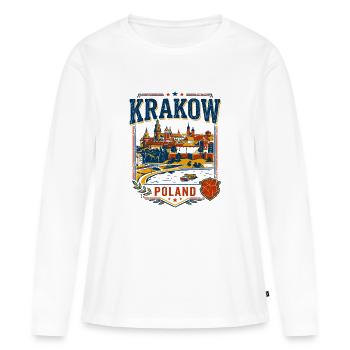 Vue sur la ligne d’horizon de Cracovie, Pologne, avec bateau fluvial - T-shirt manches longues Premium bio Femme - blanc - Devant - Julia (174cm)