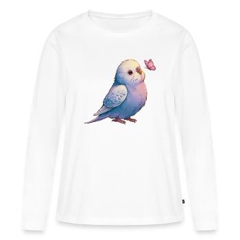 Perruche perruche avec papillon - T-shirt manches longues Premium bio Femme - blanc - Devant - Julia (174cm)