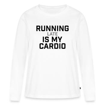 Courir en retard, c’est mon cardio qui le dit - T-shirt manches longues Premium bio Femme - blanc - Devant - Julia (174cm)