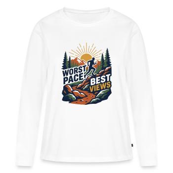 Trail Running - Pire allure. Meilleures vues - T-shirt manches longues Premium bio Femme - blanc - Devant - Julia (174cm)
