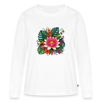 Fleur de lotus tropicale sur fond noir - T-shirt manches longues Premium bio Femme - blanc - Devant - Julia (174cm)