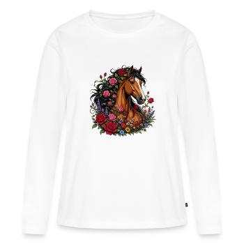 Portrait de cheval dans une couronne de fleurs - T-shirt manches longues Premium bio Femme - blanc - Devant - Julia (174cm)