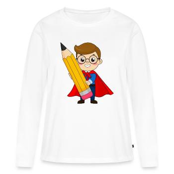 Super-héros avec stylo et lunettes pour l’inscription à l’école - T-shirt manches longues Premium bio Femme - blanc - Devant - Julia (174cm)