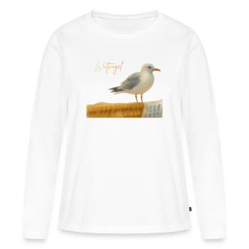 Mouette échassière de la mer du Nord sur une chaise longue de plage en mer Baltique - T-shirt manches longues Premium bio Femme - blanc - Devant - Julia (174cm)