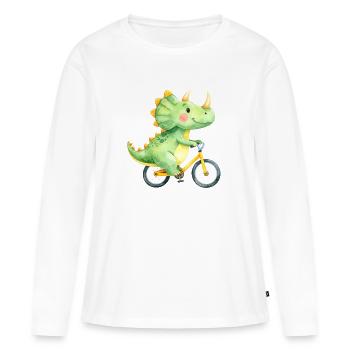 Lustiger grüner Dino auf einem Fahrrad – Comic - Frauen Premium Bio Langarmshirt - Weiß - Vorne - Julia (174cm)