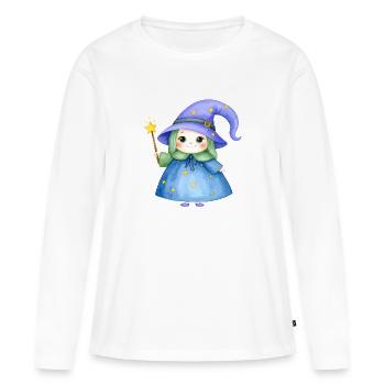 Sorcière Kawaii avec Chapeau et Bâton Magiques – Magique - T-shirt manches longues Premium bio Femme - blanc - Devant - Julia (174cm)