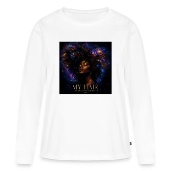 Magie afro cosmique - Mes cheveux ont leur propre gravité - T-shirt manches longues Premium bio Femme - blanc - Devant - Julia (174cm)