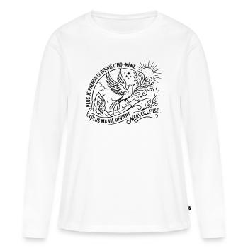 Plus je prends le risque d'être moi même, Plus ma  - T-shirt manches longues Premium bio Femme - blanc - Devant - Julia (174cm)