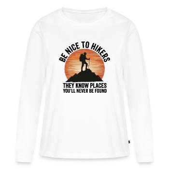 Randonnée - Aventure en plein air - Soyez gentils avec les randonneurs - T-shirt manches longues Premium bio Femme - blanc - Devant - Julia (174cm)
