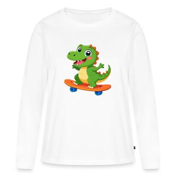Petit dinosaure vert sur un skateboard – Design cool - T-shirt manches longues Premium bio Femme - blanc - Devant - Julia (174cm)
