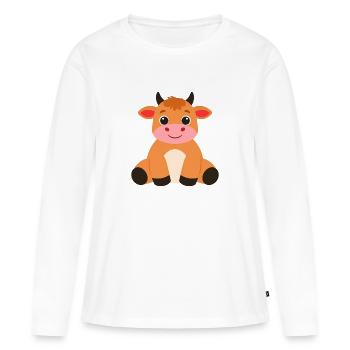 Vache Highland assise – Design de bandes dessinées cosy - T-shirt manches longues Premium bio Femme - blanc - Devant - Julia (174cm)