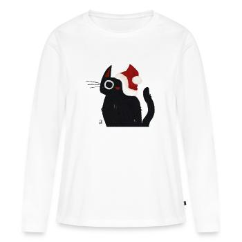 Chat noir avec chapeau de Père Noël - T-shirt manches longues Premium bio Femme - blanc - Devant - Julia (174cm)
