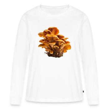 Motif floral de la colonie de champignons orange chanterelles - T-shirt manches longues Premium bio Femme - blanc - Devant - Julia (174cm)