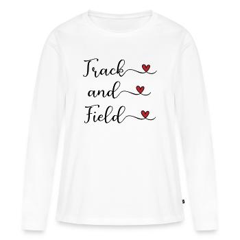 Logo manuscrit d’athlétisme avec des cœurs - T-shirt manches longues Premium bio Femme - blanc - Devant - Julia (174cm)