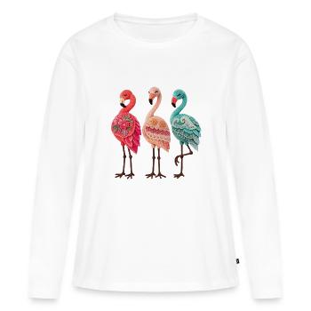 Trio de flamants roses artisanaux dans des poses vibrantes - T-shirt manches longues Premium bio Femme - blanc - Devant - Julia (174cm)