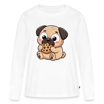 Cute Pug Comic Biscuit Snacking Cartoon - Women's Premium Organic Long Sleeve Shirt - white - Front - Julia (174cm)