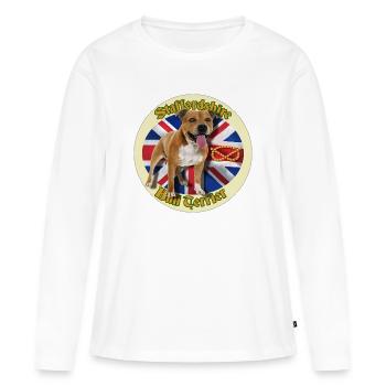 Red Staffie auf englischer Flagge – 014 - Frauen Premium Bio Langarmshirt - Weiß - Vorne - Julia (174cm)