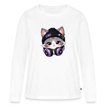 Lila DJ-Katze mit Kopfhörern - Frauen Premium Bio Langarmshirt - Weiß - Vorne - Julia (174cm)