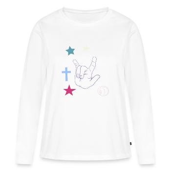 Signe de la main avec croix, étoiles et lune - T-shirt manches longues Premium bio Femme - blanc - Devant - Julia (174cm)