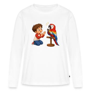 Bunter Papagei klatscht mit staunendem Jungen - Frauen Premium Bio Langarmshirt - Weiß - Vorne - Julia (174cm)