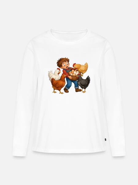 Junge sammelt Eier bei neugierigen Hofhühnern - Frauen Premium Bio Langarmshirt - Weiß