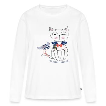 Katze und Möwe - Frauen Premium Bio Langarmshirt - Weiß - Vorne - Julia (174cm)