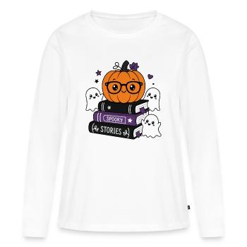 Halloween Kürbis mit Brille - Frauen Premium Bio Langarmshirt - Weiß - Vorne - Julia (174cm)