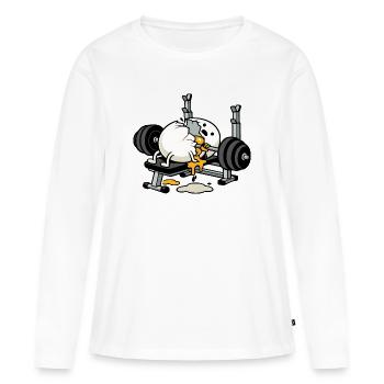 Œuf Bodybuilder | Humour Musculation - T-shirt manches longues Premium bio Femme - blanc - Devant - Julia (174cm)