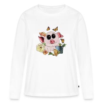 Petit cochon mignon aux yeux globuleux - T-shirt manches longues Premium bio Femme - blanc - Devant - Julia (174cm)