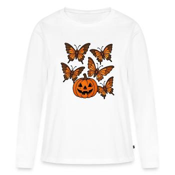 Halloween Kuerbis mit Schmetterlinge - Frauen Premium Bio Langarmshirt - Weiß - Vorne - Julia (174cm)