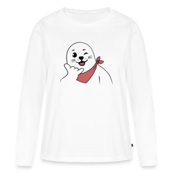 Zwinkerndes Robbenzeichen mit einem Bandana und werfendem Shaka-Zeichen - Frauen Premium Bio Langarmshirt - Weiß - Vorne - Julia (174cm)