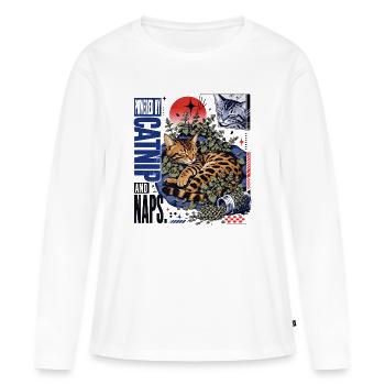 Propulsé par l’herbe à chat et les siestes – Chat Bengale douillet - T-shirt manches longues Premium bio Femme - blanc - Devant - Julia (174cm)
