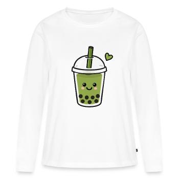 Thé boba Kawaii Matcha mignon - T-shirt manches longues Premium bio Femme - blanc - Devant - Julia (174cm)