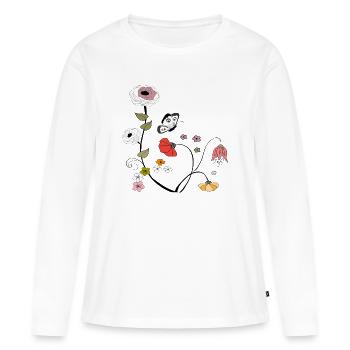 Fleurs avec papillon - T-shirt manches longues Premium bio Femme - blanc - Devant - Julia (174cm)