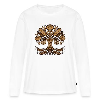 Logo du pain bretzel de l’arbre de vie - T-shirt manches longues Premium bio Femme - blanc - Devant - Julia (174cm)