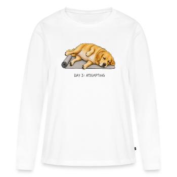 Golden Retriever Yoga Dog Jour 3 Tentative - T-shirt manches longues Premium bio Femme - blanc - Devant - Julia (174cm)